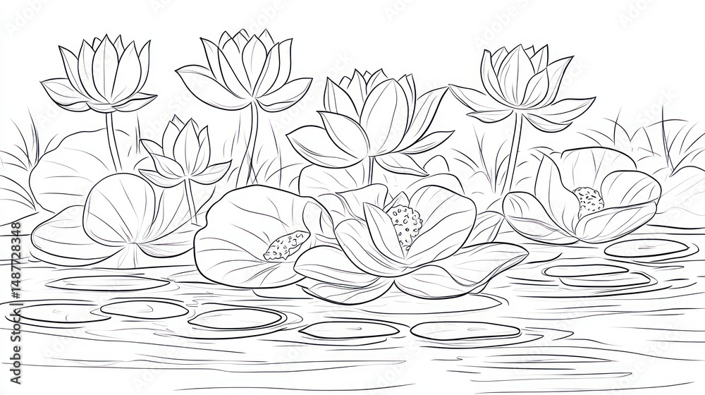 Fototapeta premium Line drawing of lotus flowers in a pond