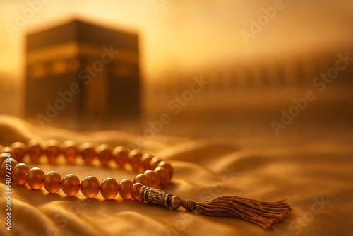 Islamic Prayer Beads with Kaaba in Background at Sunset. Generative AI