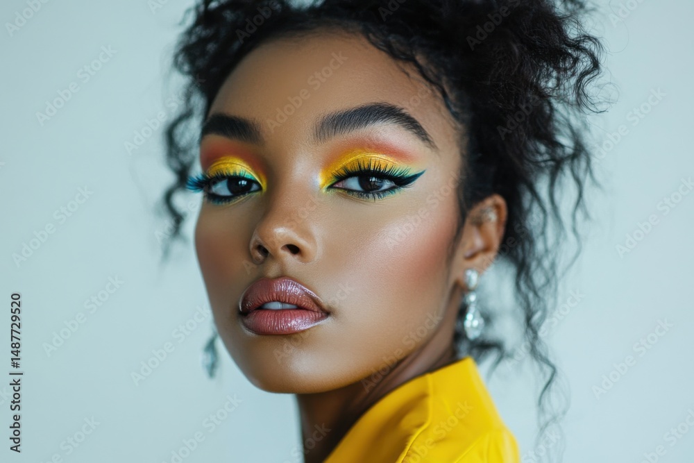 Fototapeta premium Close-up beauty shot of a woman with creative colorful eyeshadow, isolated on a white seamless background with refined lighting