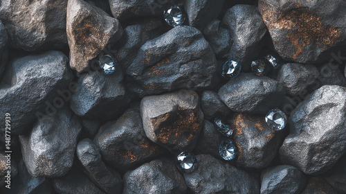 Sparkling diamonds resting amidst rough textured rocks creating a rich mineral composition