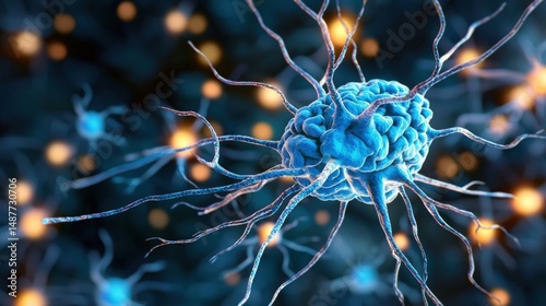a detailed image of a nerve cell in blue color, showcasing the intricate network of synapses that form the central nervous system of the brain