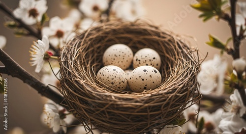 Four speckled eggs nestled securely in a woven bird's nest among delicate blossoms