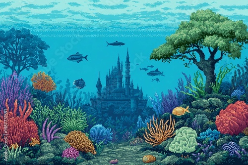Underwater scene with coral fish castle and plants in a blue ocean.