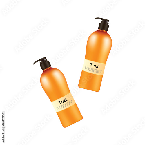Realistic Orange Shampoo and Lotion Pump Bottle with labels, Cosmetic bottle isolated on white background, Vector Illustration, Bottle mock up for design,