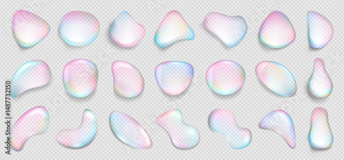 Transparent bubble water, glossy liquid soap splash, crystal clear 3d mirror ball, shiny fluid drop and glass shape with holographic gradient color or iridescent rainbow light. Nature air balloon icon