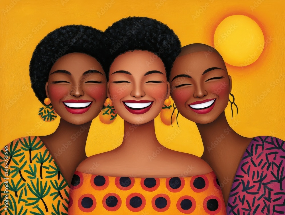 Fototapeta premium Three joyful women expressing happiness with bright smiles in a vibrant setting celebrating friendship warmth and cultural identity against a bold yellow background radiating positivity