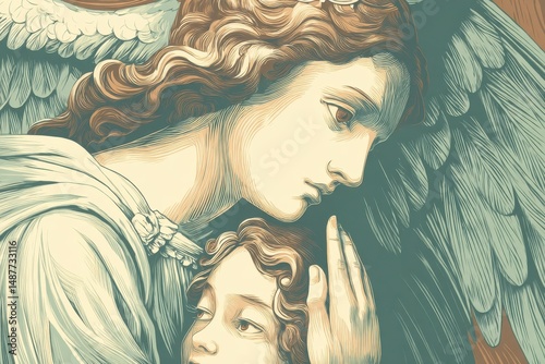 Close-up depiction of a benevolent angel and child.