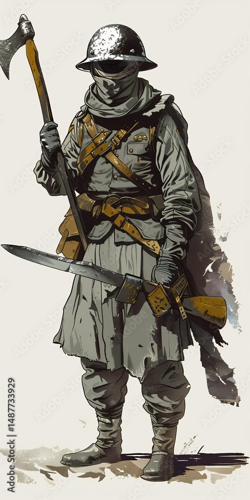 Obraz premium A 1800s-era soldier stands ready, dressed in dark grey uniform and metal plate armor, holding a large two-handed axe and poised for battle.