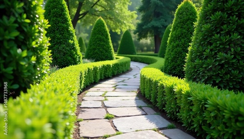 Stone pathway winding through sculpted hedges, foliage, elegant, perspective
