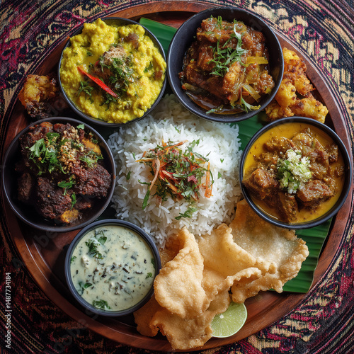 Sri Lankan curry platter with rice, coconut sambol, and poppadoms