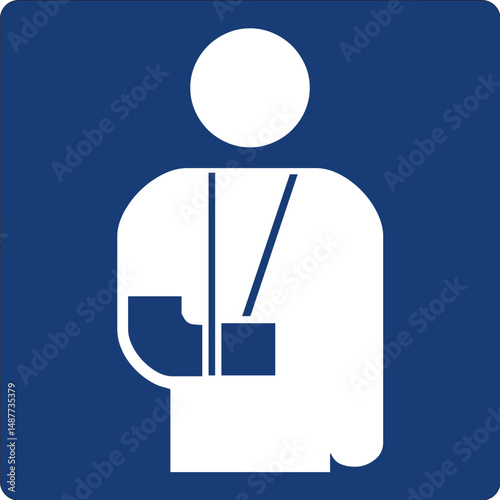 injured person icon with arm in sling on blue background for medical assistance or first aid signage