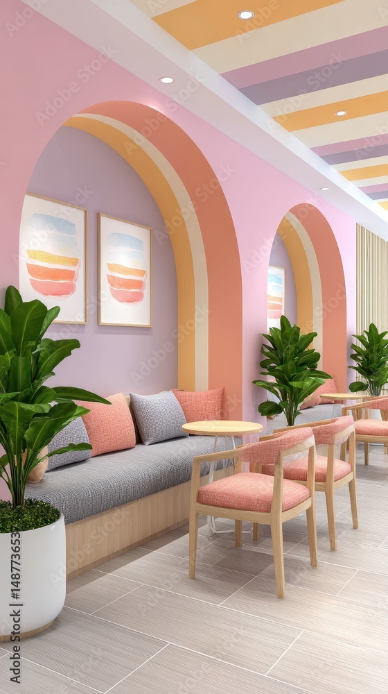 Fototapeta premium Pastel Pink and Orange Waiting Area Interior Design with Arched Walls