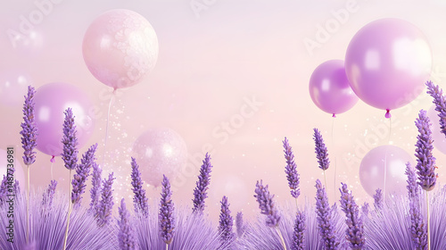 Lavender balloons float in celebration pastel background digital art whimsical setting aesthetic concept