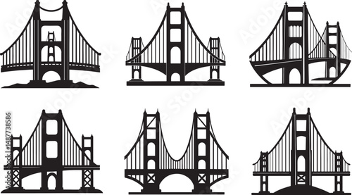 set of golden gate bridge silhouette, black and white silhouette, vector and illustration