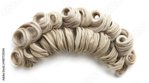 Pale blonde judicial wig made of silk. Traditional legal attire for barristers and judges.