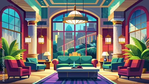 Blurred boutique hotel lobby with velvet sofas, large windows, and art deco accents