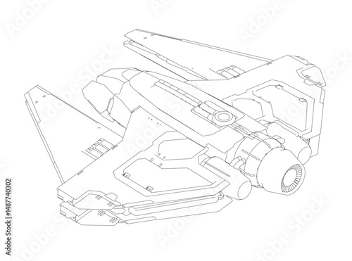 A drawing of a space ship with a black background. The ship is outlined in white and has a black engine. Isometric view