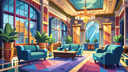 Blurred boutique hotel lobby with velvet sofas, large windows, and art deco accents