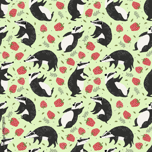Cute cartoon badger vector illustration, seamless repeating background pattern with strawberries and green leaves