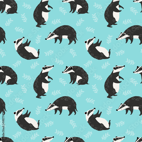 Cute seamless pattern of badger on blue background. Vector illustration for children's textiles, nursery decor, wallpaper.