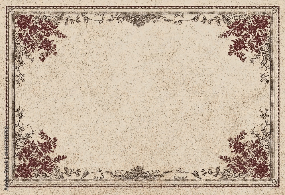 Obraz premium Beige textured paper with floral border in corners and along edges.