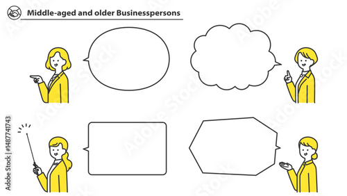 中高年のビジネスパーソン　吹き出しつき表情とポーズのバリエーション　セット