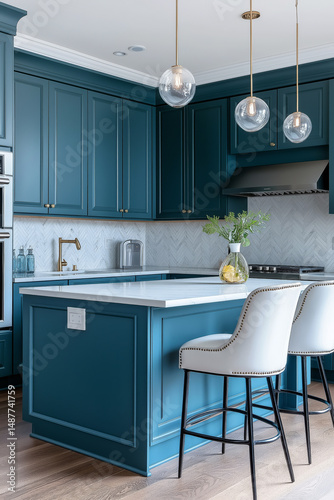 Luxury kitchen with teal shaker cabinets, white quartz countertops, and elegant bar seating.