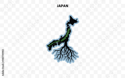 Japan silhouette with roots and "Never Forget Your Roots" quote. A powerful design celebrating cultural pride and origin.