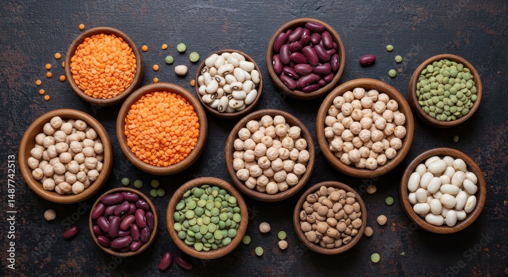 Fototapeta premium Assorted Legumes and Beans in Wooden Bowls | Colorful Healthy Protein Source for Vegetarian and Vegan Diet Food Photography and Recipe Illustrations