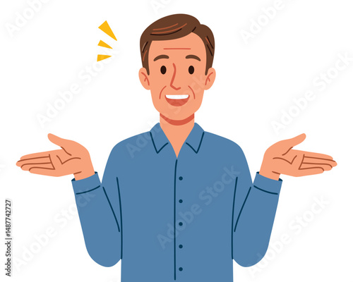 Smiling Man in Blue Shirt Gesturing with Open Hands to Express Openness and Positivity