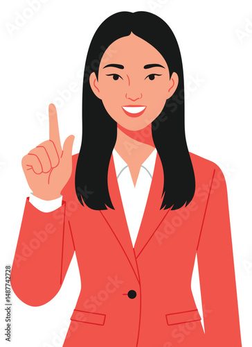 Smiling Woman with Index Finger Raised Demonstrating Insightful Idea in Professional Attire