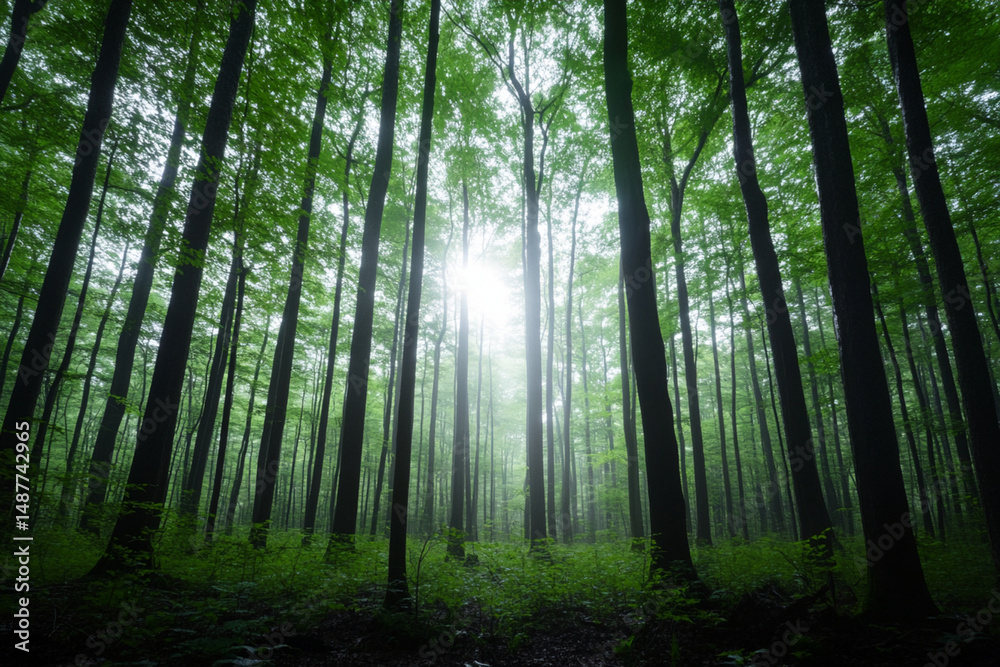 Naklejka premium Mystical forest glade with tall trees and soft sunlight filtering through the leaves in a serene woodland setting