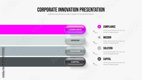 Marketing Introduction Frame Design Vector Illustration. Consulting Campaign Four Option Diagram Slideshow Template. Visual Review 4 Element Infographic Presentation Layout.