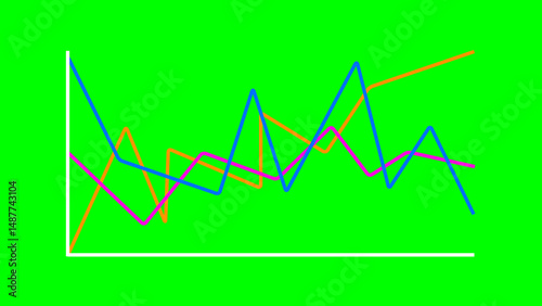 Abstract Line Graph with Colored Data Trends on Green Screen Background