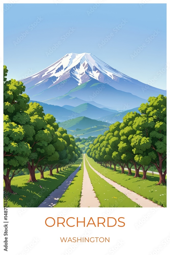 Fototapeta premium Orchards Washington United states Travel Poster Illustration Print Decor Gift Canvas Wall Art Gift