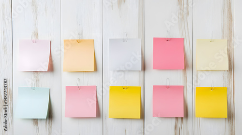 Arranging sticky notes white wall grid layout morning light creative workspace