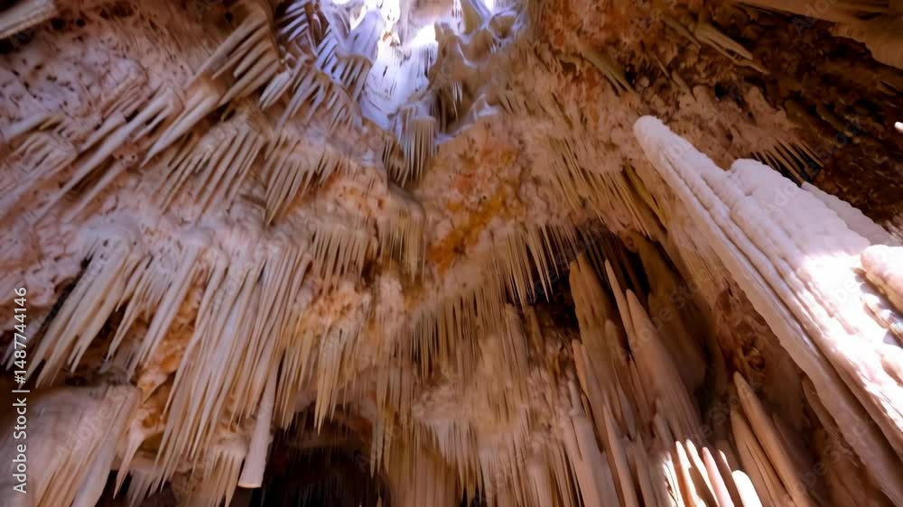 Underground cave formation with stalactites and stalagmites with dark water. Geological limestone cavern with ancient rocks and beautiful patterns.