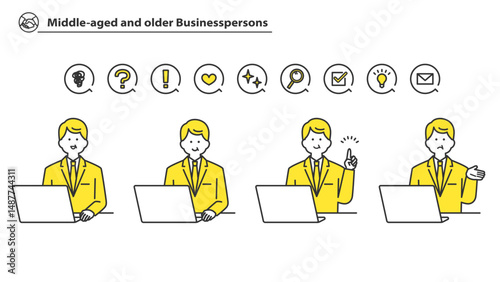 パソコンに向かう、中高年のビジネスパーソン　バリエーションセット