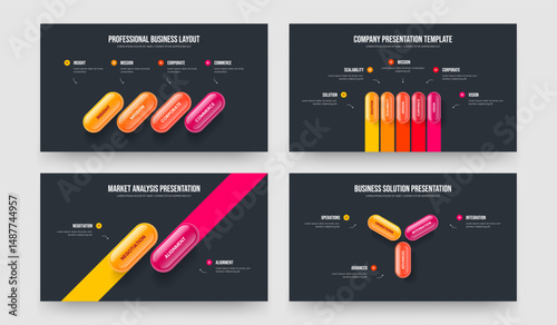 Market Plan Four Five Two Three Option Diagram Slide Design Vector Illustration Bundle. Sales Visualization 4 5 2 3 Step Infographic Presentation Template Set.