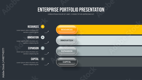 Marketing Forecast Four Element Diagram Slide Layout. Product Development Frame Template Vector Illustration. Business Strategy 4 Step Infographic Presentation Design.