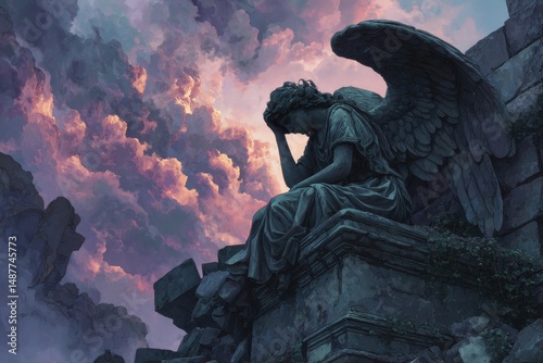 Melancholy stone angel statue against a dramatic sky.
