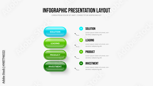 Advertising Performance 4 Step Diagram Slide Layout. Market Introduction Presentation Template Vector Illustration. Modern Overview Four Element Infographic Slideshow Design.