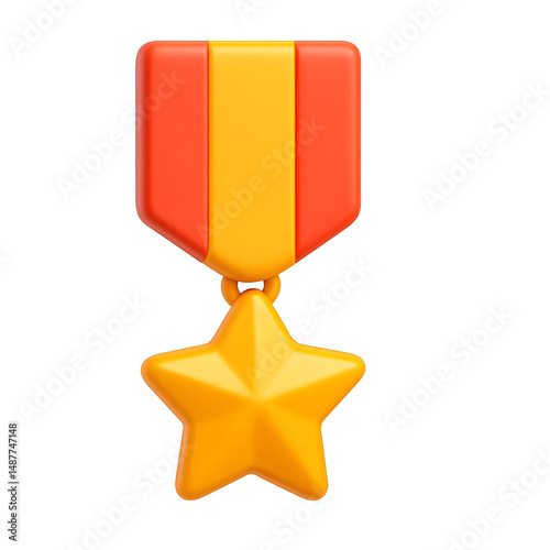 Gold star on striped strap. Military medal. 3d rendering isolated. Cartoon plastic style icon. PNG