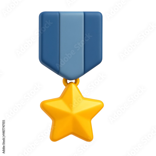 Gold star on striped strap. Military medal. 3d rendering isolated. Cartoon plastic style icon. PNG