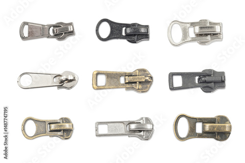 Metal zipper puller collection. Various types of zip sliders isolated on white background. Replacement parts for clothing or accessories. Set of sewing fasteners. Industrial garment elements.
