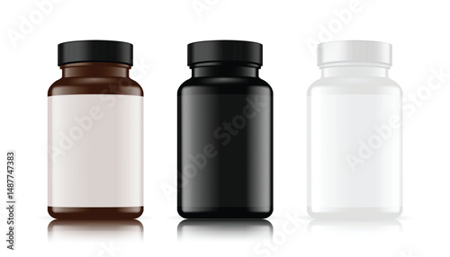 3d amber, black, white bottles mockup isolated on white background. Can be used for advertising poster branding template of medical, cosmetic, food. Vector illustration.
