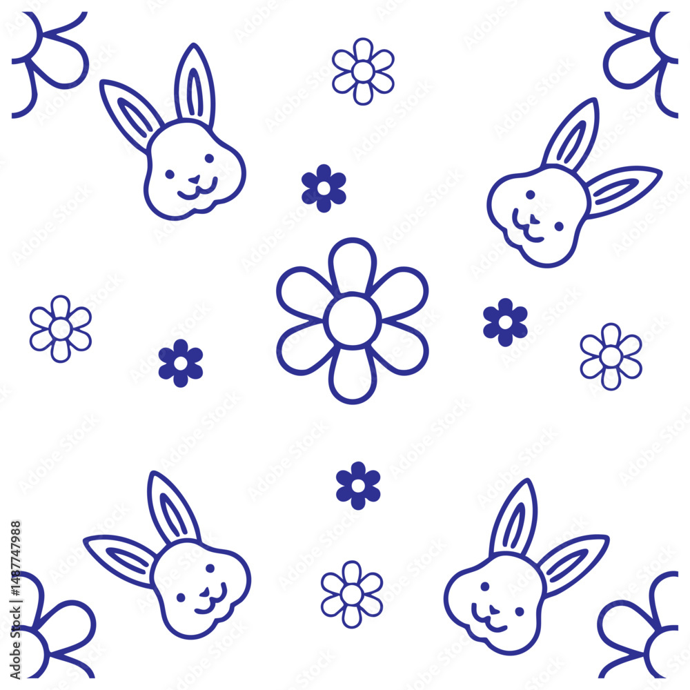 Fototapeta premium Rabbit and flower fabric pattern in illustration