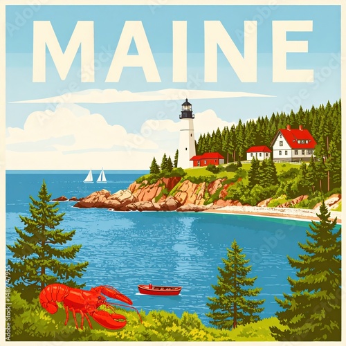 Maine coastal lighthouse and scenic lobster boat seascape art print