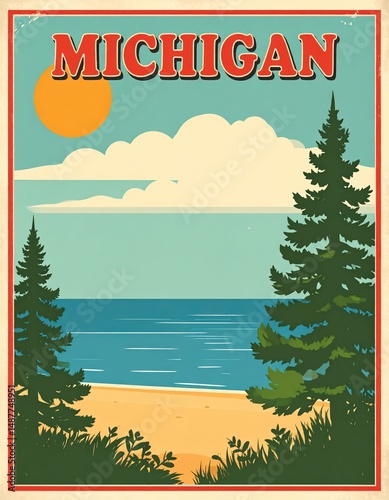 Vintage michigan poster featuring scenic beach and pine trees under a sunny sky