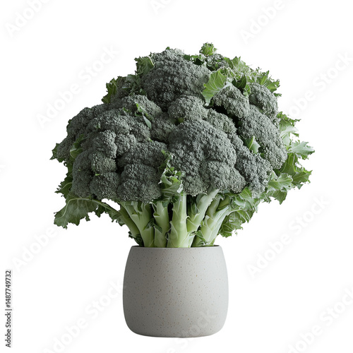 Broccoli in a textured pot, showcasing its vibrant florets and green stalks. isolated on white background and transparent background